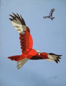 Red Kites at Harewood, single continuous line drawing and colour sequence. Mick Burton, 2013.