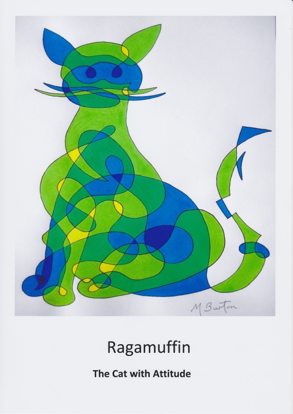 Ragamuffin, green cat, continuous line drawing with colour sequence.  Greetings Card (front)  by Mick Burton.
