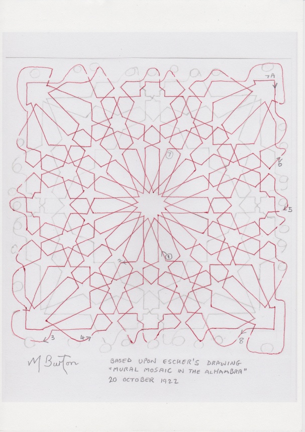 Main continuous line, one of two.  Escher Islamic tile design.  Mick Burton continuous line study.