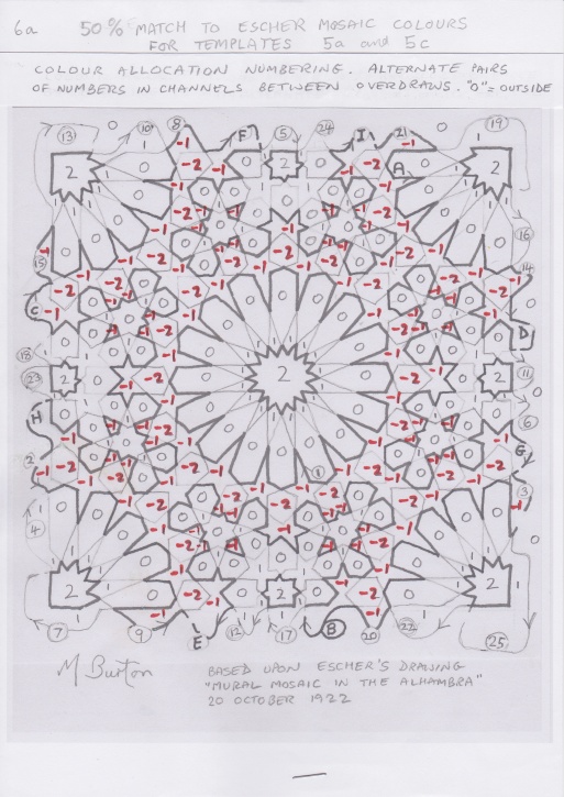 Five colour number allocation on continuous lines for Escher Mosaic.  Mick Burton study.